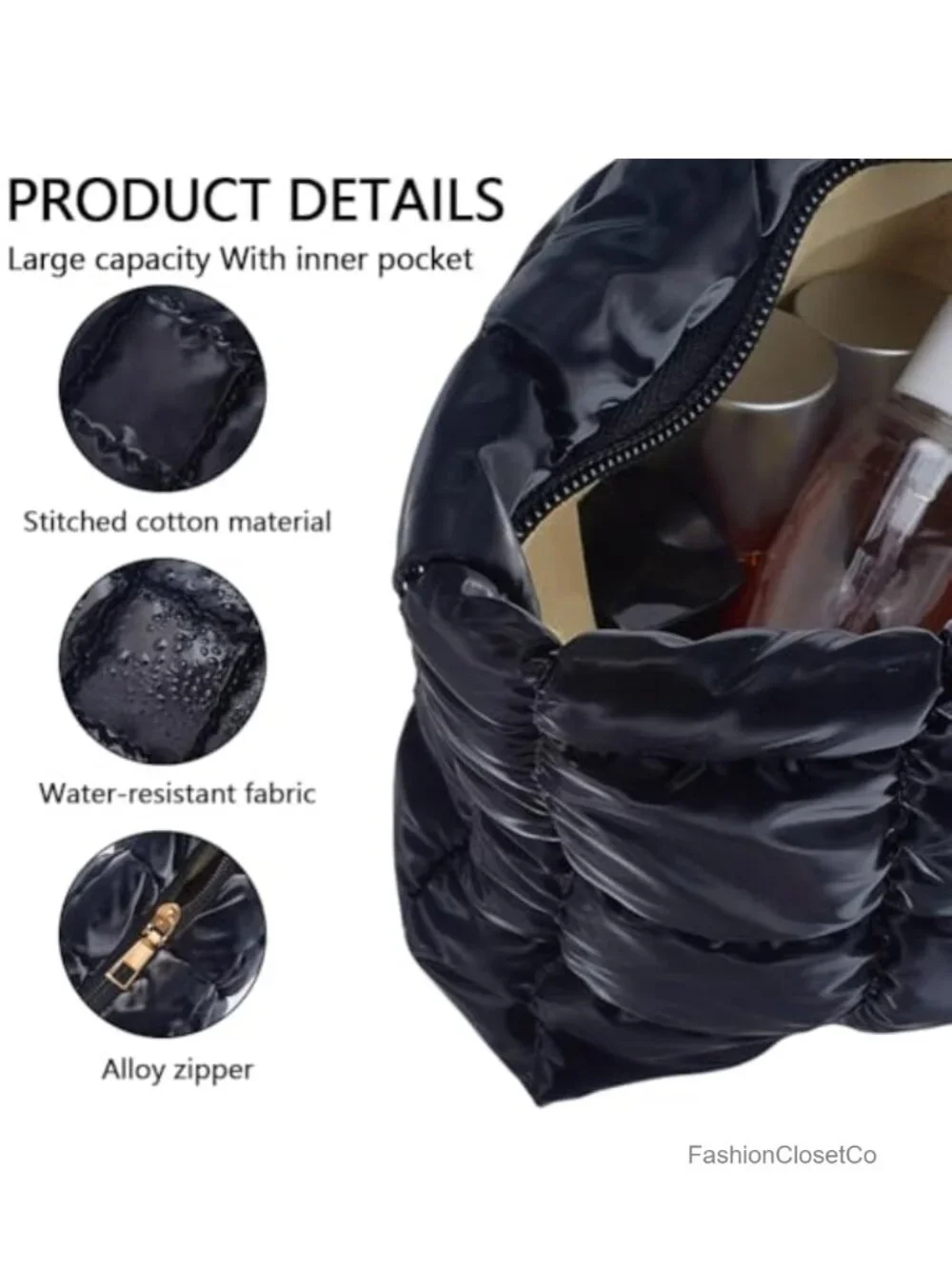 Puffy Quilted Cosmetic Bag PU Leather Makeup Pouch Toiletry Organizer Travel